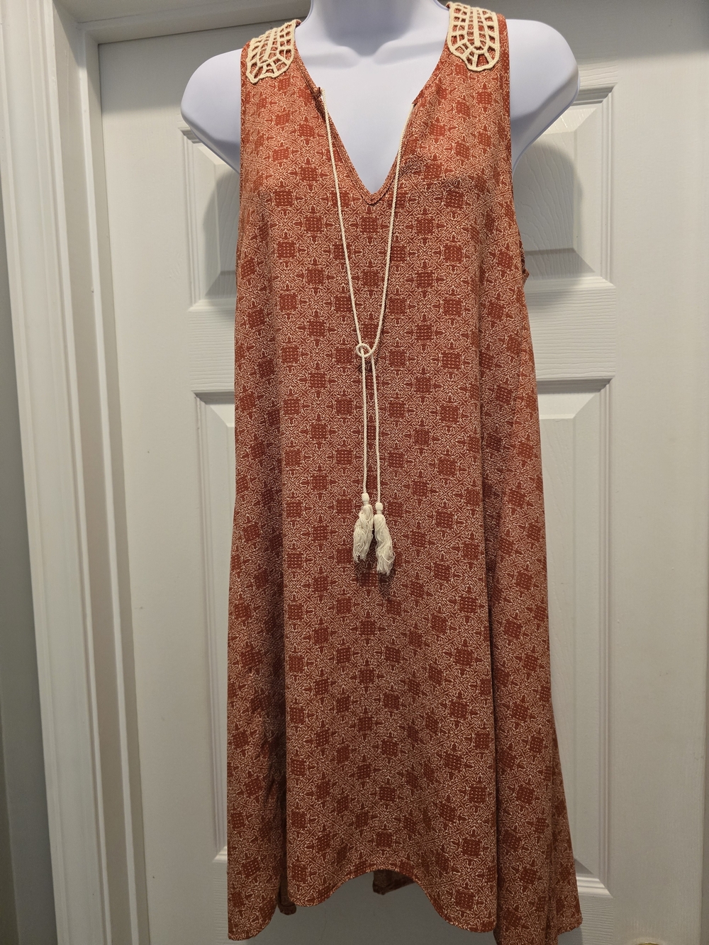 Ami Coral Red Boho Sleeveless Dress with Crochet Detail